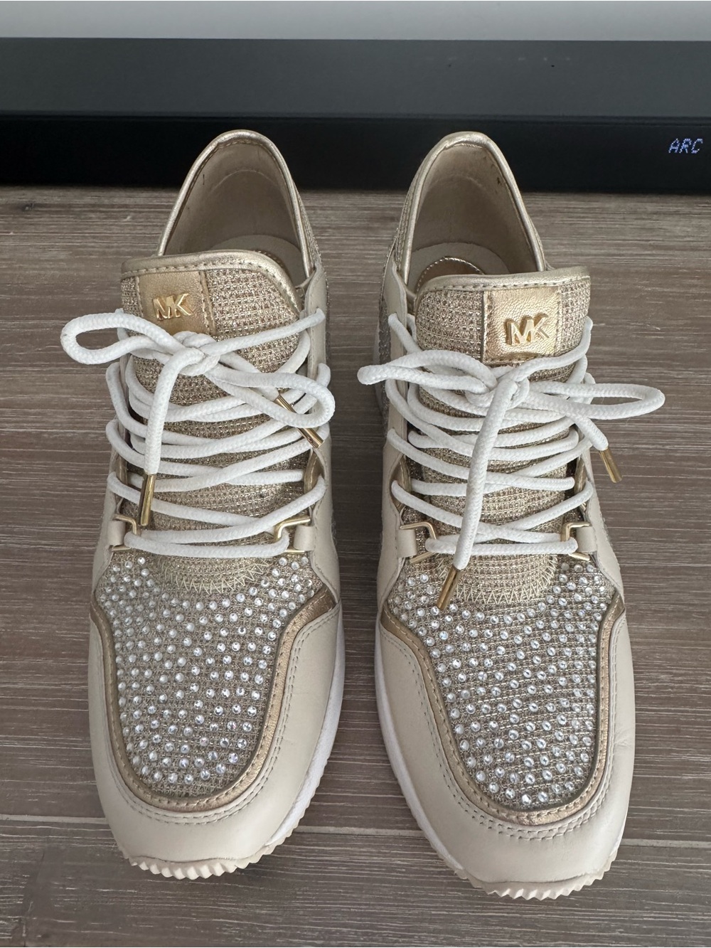 Michael Kors Women's Cream & Gold Crystal-Embellished Lace-Up Sneakers